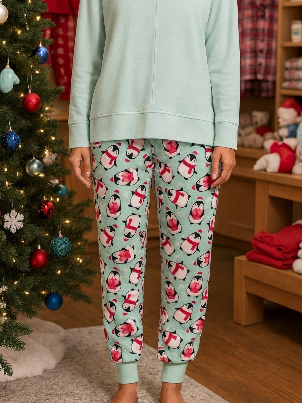 Secret Treasures Mint Plush Penguin Print Pajama Pants with Red Drawstring - Picture 3 of 3